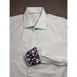 Eton Shirt Mens Sz 43 17 Slim Ginham Green White Check Contrasting Cuff Floral